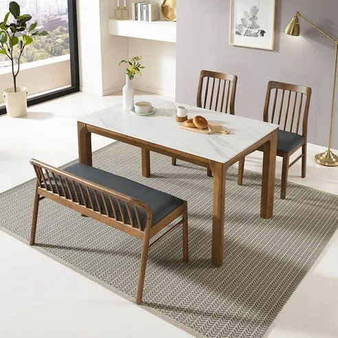 로드퍼니처 아몬 고무나무 원목 세라믹 식탁 + 의자 2p + 벤치 세트 4인용 1300 방문설치